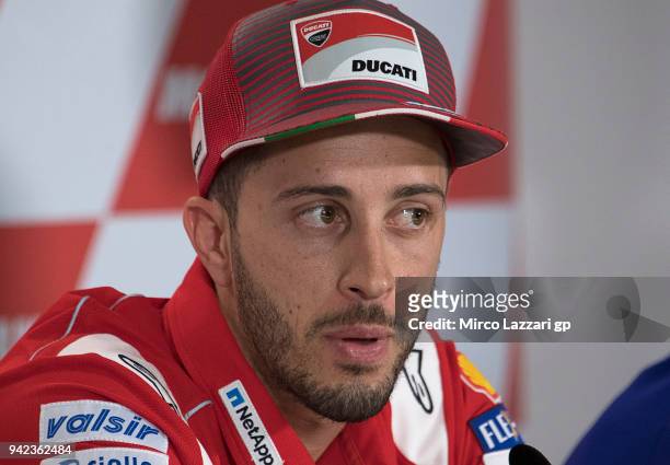 Andrea Dovizioso of Italy and Ducati Team speaks during the press conference pre-event during the MotoGp of Argentina - Previews on April 5, 2018 in...