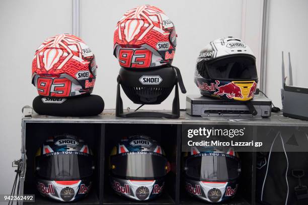 The helmets of riders ready for the free practice in service company area in paddock during the MotoGp of Argentina - Previews on April 5, 2018 in...