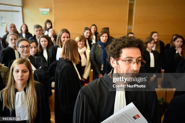 Lawyers stand in a courtroom. They demand the postponing of hearings due to the strike. The SAF and the UJA called all its members to be on strike,...