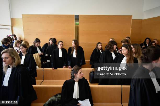 Lawyers stand in a courtroom. They demand the postponing of hearings due to the strike. The SAF and the UJA called all its members to be on strike,...