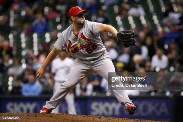 Dominic Leone of the St. Louis Cardinals pitches in the eighth inning against the Milwaukee Brewers at Miller Park on April 3, 2018 in Milwaukee,...