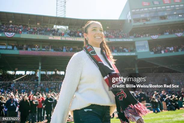 Olympic gymnast Aly Raisman is introduced before the Opening Day game between the Boston Red Sox and the Tampa Bay Rays on April 5, 2018 at Fenway...