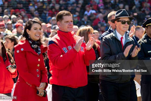 Red Sox Foundation board member Linda Pizzuti Henry, Boston Mayor Marty Walsh, and Principal Owner John Henry of the Boston Red Sox attend the...