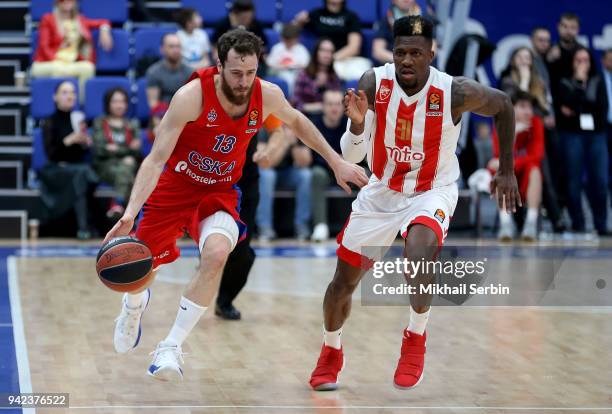 Sergio Rodriguez, #13 of CSKA Moscow competes with Dylan Ennis, #31 of Crvena Zvezda mts Belgrade in action during the 2017/2018 Turkish Airlines...