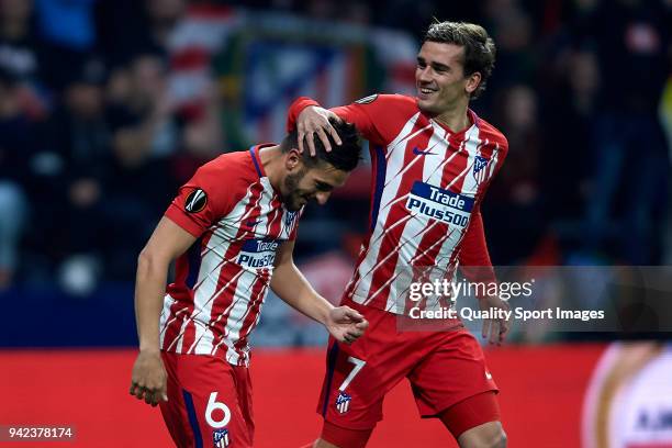 Koke Resurreccion of Atletico Madrid celebrates after scoring his team's first goal with Antoine Griezmann during the UEFA Europa League quarter...