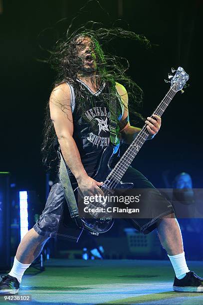 Bassist Robert Trujillo of Metallica performs at ARCO Arena on December 8, 2009 in Sacramento, California.