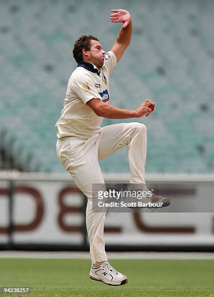 John Hastings of the Bushrangers bowls during day one of the Sheffield Shield match between the Victorian Bushrangers and the South Australian...