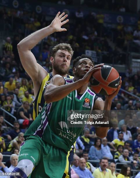 Jeff Brooks, #23 of Unicaja Malaga in action with Nicolo Melli, #4 of Fenerbahce Dogus during the 2017/2018 Turkish Airlines EuroLeague Regular...