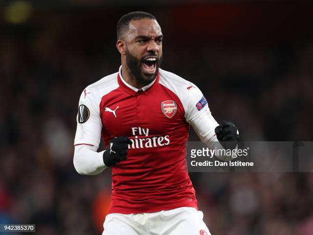 Alexandre Lacazette of Arsenal celebrates scoring the second goal from the penalty spot during the UEFA Europa League quarter final first leg match...