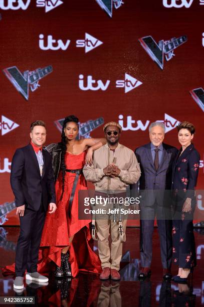 The Voice UK Judges Olly Murs, Jennifer Hudson, Tom Jones, will.i.am and presenter Emma Willis attend the pre-final event for 'The Voice' at Elstree...
