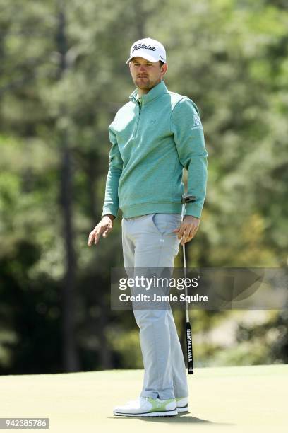 Bernd Wiesberger of Austria putts on the 18th green during the first round of the 2018 Masters Tournament at Augusta National Golf Club on April 5,...