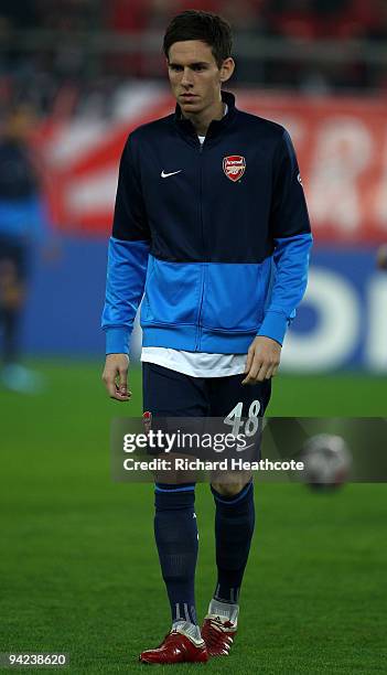 Luke Ayling of Arsenal warms up before the UEFA Champions League Group H match between Olympiakos and Arsenal at the Georgios Karaiskakis Stadium on...