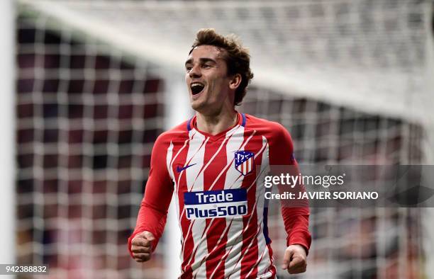 Atletico Madrid's French forward Antoine Griezmann celebrates a goal during the UEFA Europa League quarter-final first leg football match between...