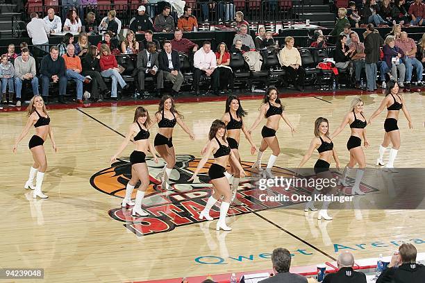 The Idaho Stampede dance team performs during the D-League game against the Reno Bighorns at Qwest Arena on November 28, 2009 in Boise, Idaho. The...