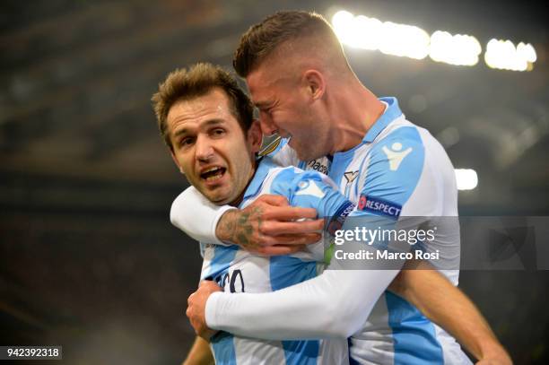 Senad Lulic of SS Lazio celebrates a opening goal during the UEFA Europa League quarter final leg one match between SS Lazio and RB Salzburg at...