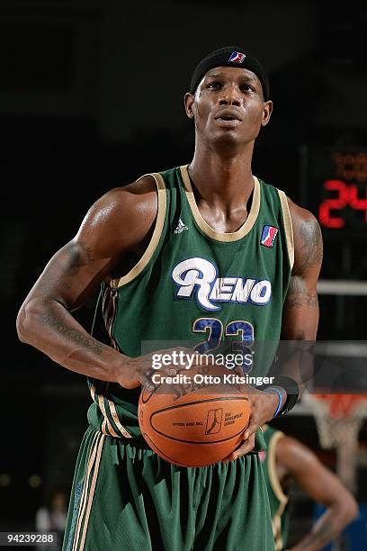 Marcus Hubbard of the Reno Bighorns shoots a free throw during the D-League game against the Idaho Stampede at Qwest Arena on November 28, 2009 in...