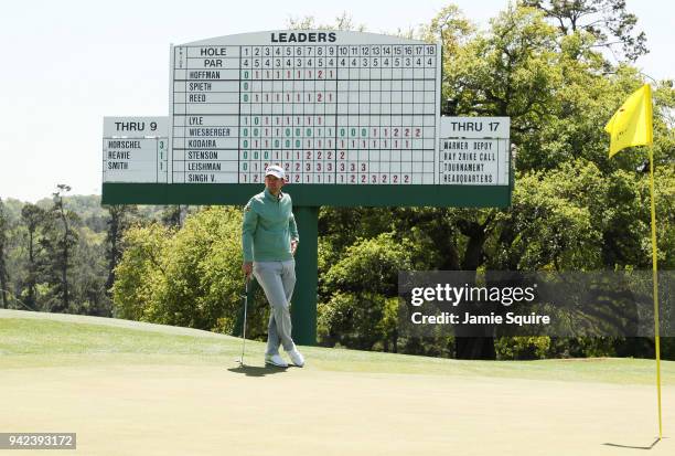 Bernd Wiesberger of Austria waits to putt on the 18th green during the first round of the 2018 Masters Tournament at Augusta National Golf Club on...