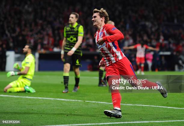 Antoine Greizmann of Atletico de Madrid celebrates after scoring his team's second goal during the UEFA Europa League quarter final leg one match...