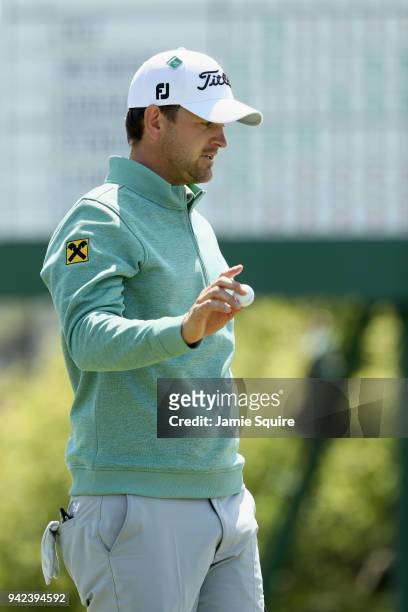 Bernd Wiesberger of Austria walks off the 18th green during the first round of the 2018 Masters Tournament at Augusta National Golf Club on April 5,...