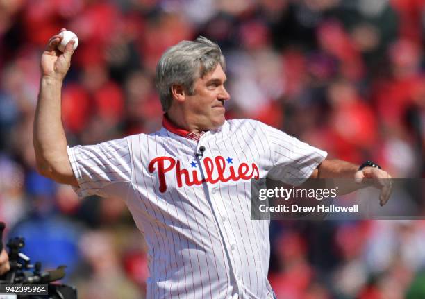 Head coach Doug Pederson of the Philadelphia Eagles throws the ceremonial first pitch during the Philadelphia Phillies home opener against the Miami...