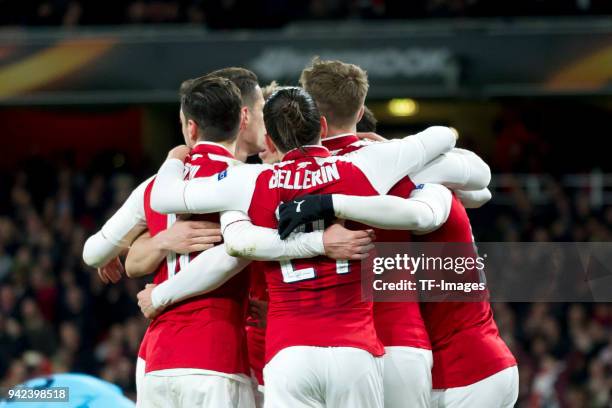 The players of Arsenal celebrates after scoring during the UEFA UEFA Europa League Quarter-Final first leg match between Arsenal FC and CSKA Moskva...