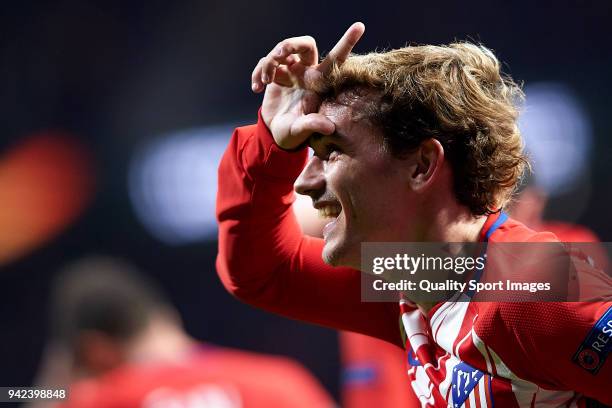 Antoine Griezmann of Atletico Madrid celebrates after scoring his team's second goal during the UEFA Europa League quarter final leg one match...