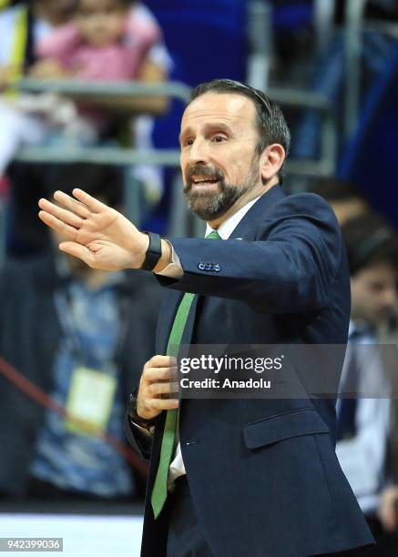 Head coach of Unicaja Malaga Joan Plaza gives tactics to his players during the Turkish Airlines Euroleague basketball match between Fenerbahce Dogus...