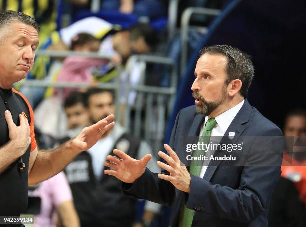 Head coach of Unicaja Malaga Joan Plaza argues with the referee during the Turkish Airlines Euroleague basketball match between Fenerbahce Dogus and...