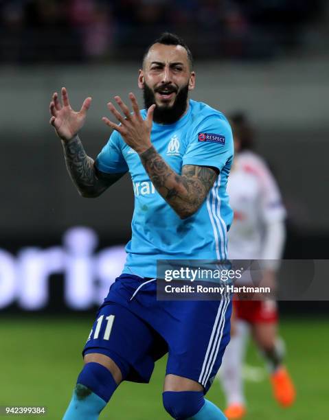 Kostas Mitroglou of Olympique Marseille reacts during the UEFA Europa League quarter final leg one match between RB Leipzig and Olympique Marseille...