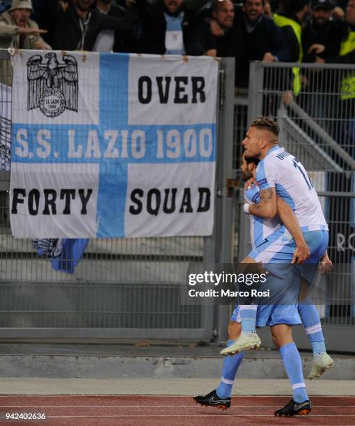 Marco Parolo of SS Lazio celebrates a second goal during the UEFA Europa League quarter final leg one match between Lazio Roma and RB Salzburg at...