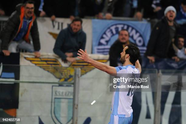 Marco Parolo of SS Lazio celebrates a second goal during the UEFA Europa League quarter final leg one match between Lazio Roma and RB Salzburg at...