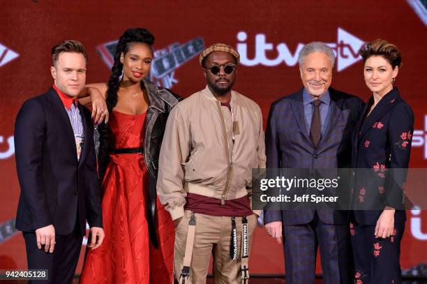 The Voice UK Judges Olly Murs, Jennifer Hudson, Tom Jones, will.i.am and presenter Emma Willis attend the pre-final event for 'The Voice' at Elstree...