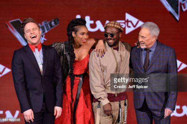 The Voice UK Judges Olly Murs, Jennifer Hudson, Tom Jones and will.i.am attend the pre-final event for 'The Voice' at Elstree Studios on April 5,...