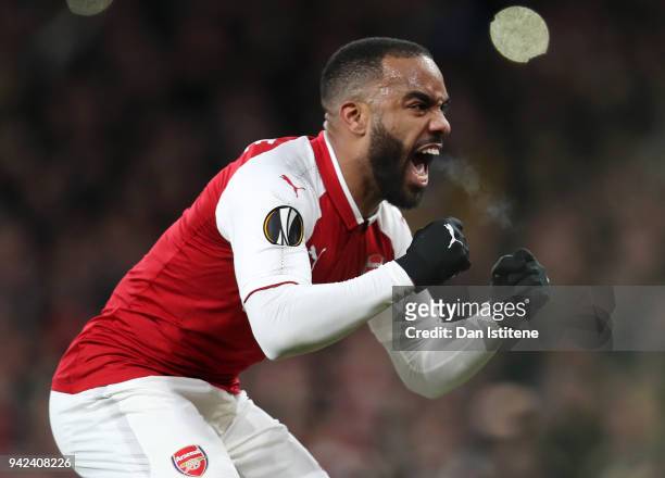 Alexandre Lacazette of Arsenal celebrates scoring the second goal from the penalty spot during the UEFA Europa League quarter final first leg match...