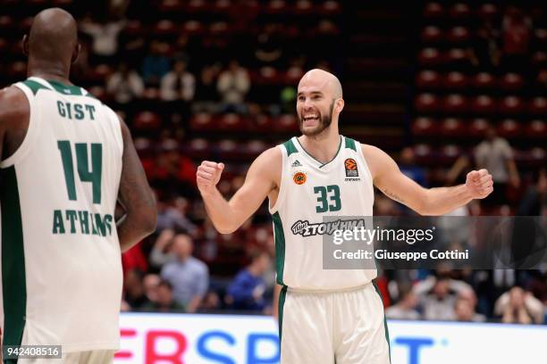 Nick Calathes, #33 of Panathinaikos Superfoods Athens celebrates at the end of 2017/2018 Turkish Airlines EuroLeague Regular Season Round 30 game...