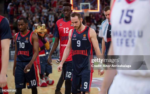 Marcelinho Huertas, #9 of Baskonia Vitoria Gasteiz reacts before the 2017/2018 Turkish Airlines EuroLeague Regular Season Round 30 game between...