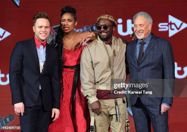 The Voice UK Judges Olly Murs, Jennifer Hudson, Tom Jones and will.i.am attend the pre-final event for 'The Voice' at Elstree Studios on April 5,...