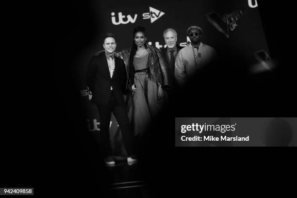 Olly Murs, Jennifer Hudson, Tom Jones and will.i.am attend the pre-final event for 'The Voice' at Elstree Studios on April 5, 2018 in Borehamwood,...