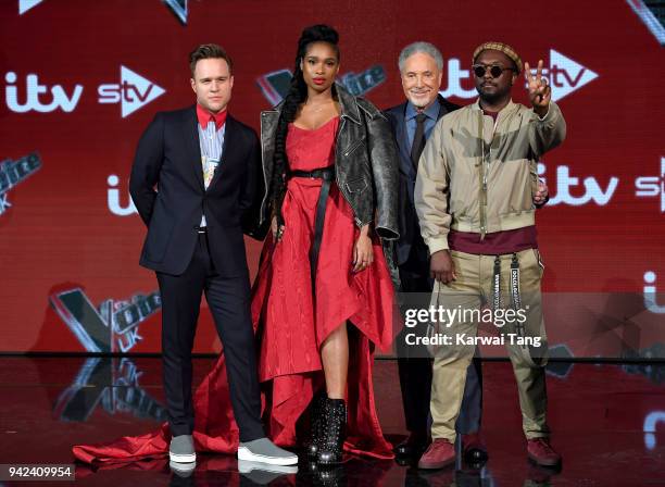 The Voice UK Judges Olly Murs, Jennifer Hudson, Tom Jones and will.i.am attend the pre-final event for 'The Voice' at Elstree Studios on April 5,...