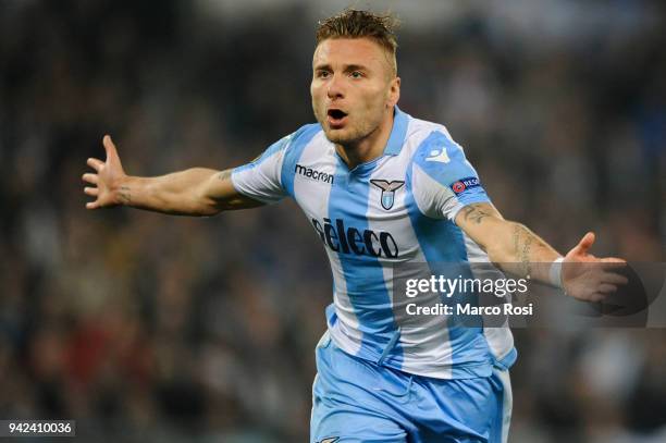 Ciro Immobile of SS Lazio celebrates a fourth goal during the UEFA Europa League quarter final leg one match between Lazio Roma and RB Salzburg at...