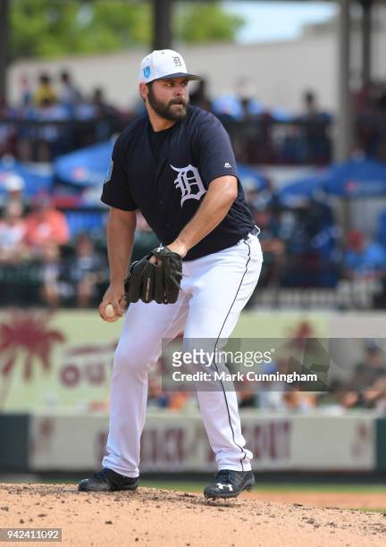 Michael Fulmer of the Detroit Tigers pitches during the Spring Training game against the Atlanta Braves at Publix Field at Joker Marchant Stadium on...