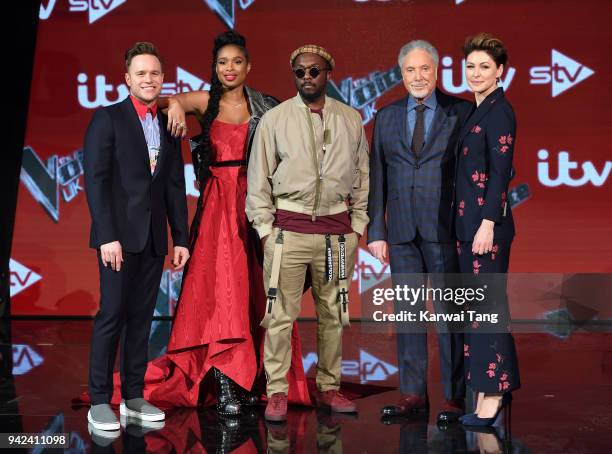 The Voice UK Judges Olly Murs, Jennifer Hudson, Tom Jones, will.i.am and presenter Emma Willis attend the pre-final event for 'The Voice' at Elstree...