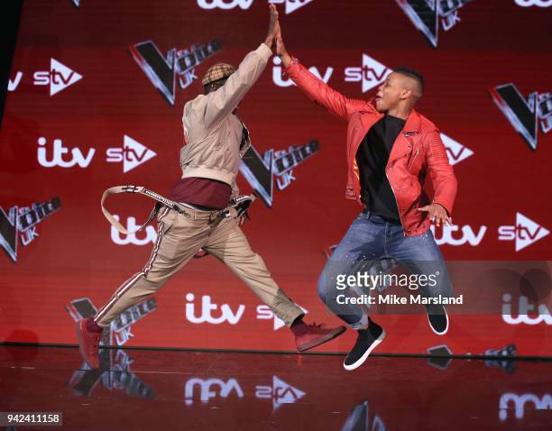 Will.i.am and Donel Mangena attend the pre-final event for 'The Voice' at Elstree Studios on April 5, 2018 in Borehamwood, England.