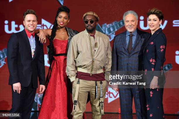 The Voice UK Judges Olly Murs, Jennifer Hudson, Tom Jones, will.i.am and presenter Emma Willis attend the pre-final event for 'The Voice' at Elstree...