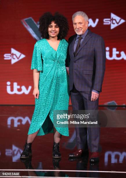 Ruti Olajugbagbe and Tom Jones attend the pre-final event for 'The Voice' at Elstree Studios on April 5, 2018 in Borehamwood, England.