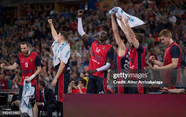 Baskonia Vitoria Gasteiz celebrates during the 2017/2018 Turkish Airlines EuroLeague Regular Season Round 30 game between Baskonia Vitoria Gasteiz...