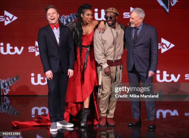 Olly Murs, Jennifer Hudson, Tom Jones and will.i.am attend the pre-final event for 'The Voice' at Elstree Studios on April 5, 2018 in Borehamwood,...