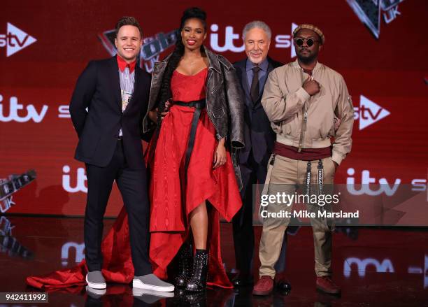 Olly Murs, Jennifer Hudson, Tom Jones and will.i.am attend the pre-final event for 'The Voice' at Elstree Studios on April 5, 2018 in Borehamwood,...