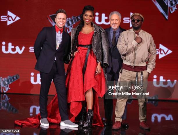 Olly Murs, Jennifer Hudson, Tom Jones and will.i.am attend the pre-final event for 'The Voice' at Elstree Studios on April 5, 2018 in Borehamwood,...