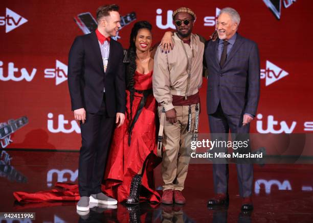 Olly Murs, Jennifer Hudson, Tom Jones and will.i.am attend the pre-final event for 'The Voice' at Elstree Studios on April 5, 2018 in Borehamwood,...